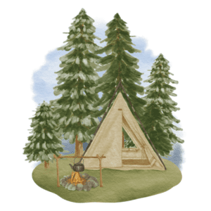 A tent in the woods with trees and a fire pit.