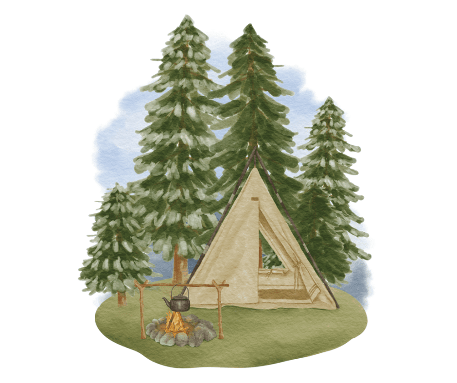 A tent in the woods with trees and a fire pit.