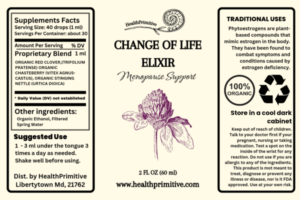 A label for the product that is called change of life elixir.
