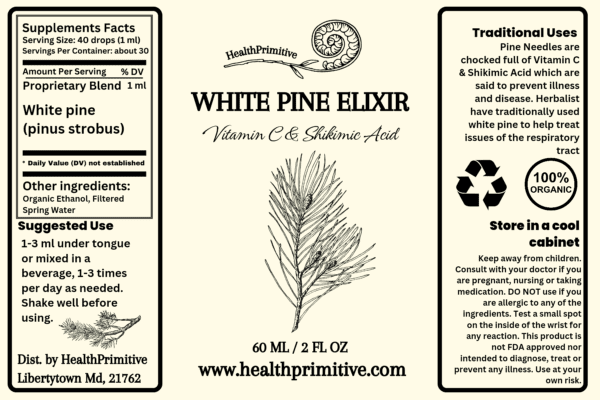 A label for white pine elixir.