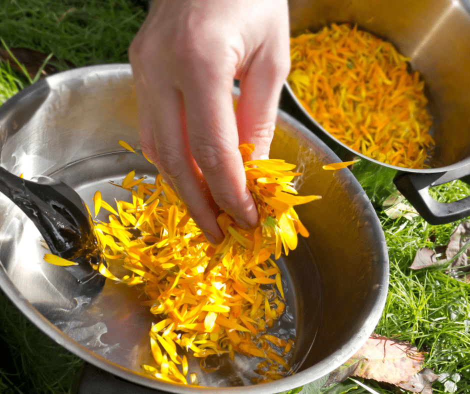 A person is putting yellow flowers into a bowl.