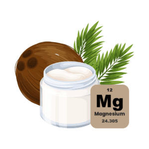 A coconut and magnesium in a jar next to some leaves.