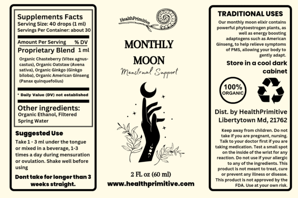 A label for the monthly moon herbal support.