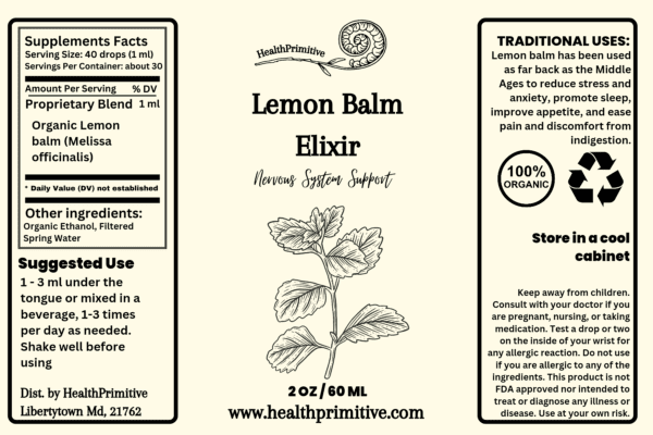 A label for lemon balm elixir.