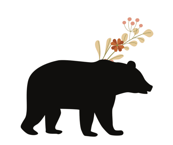 A bear with flowers in its hair is standing.