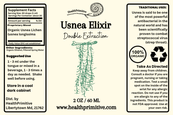 A label for usnea elixir, which is made of organic ingredients.
