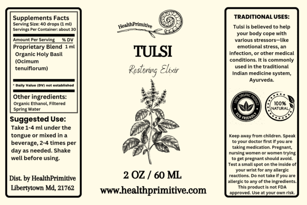 A label for tulsi essential oil.