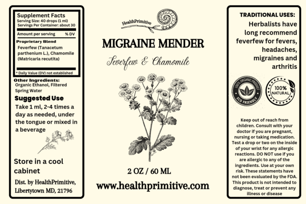 A label for a migraine mender with herbs and chamomile.