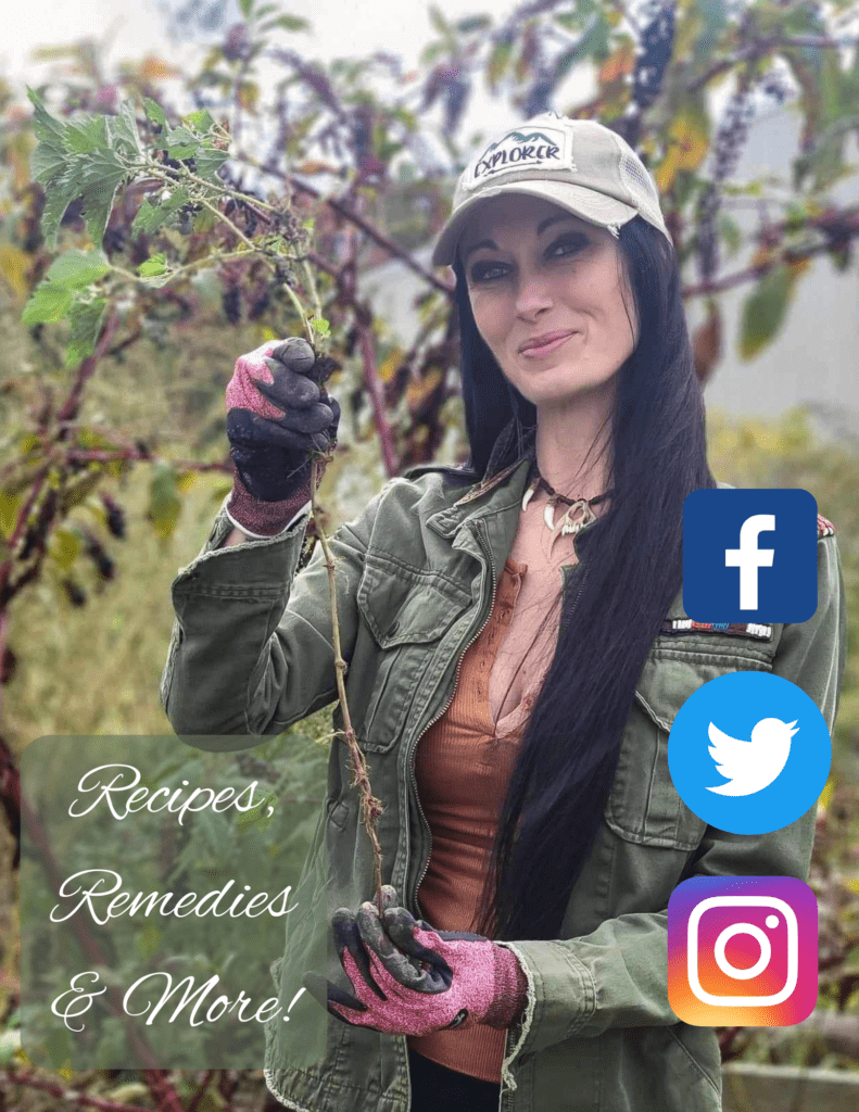 A woman holding a branch with instagram and facebook icons.