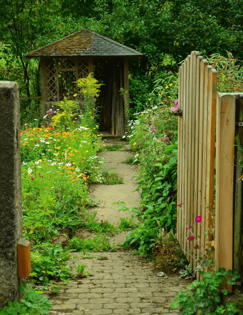 A garden path with flowers growing around it.