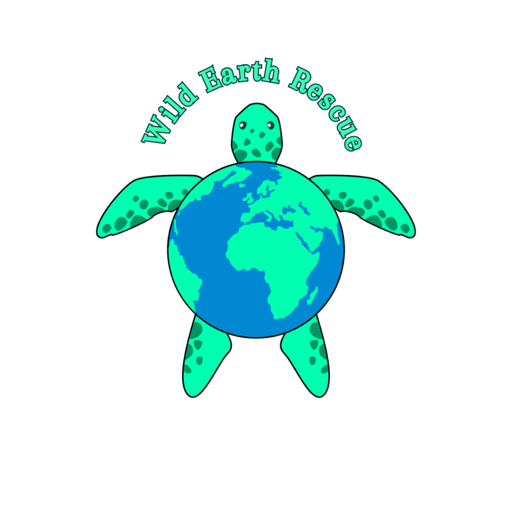A turtle with the words wild earth rescue underneath it.