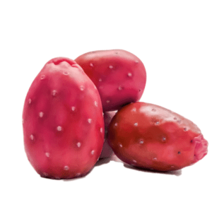 Three red prickly pears are sitting on a white surface.
