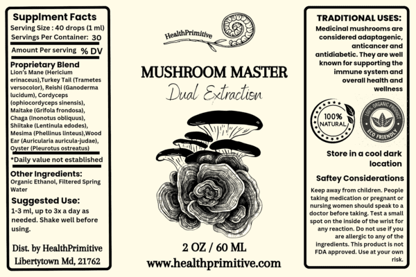 A label for mushroom master dual extraction.