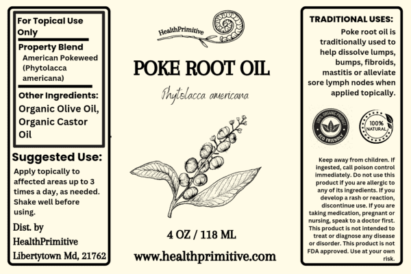 A label for poke root oil.
