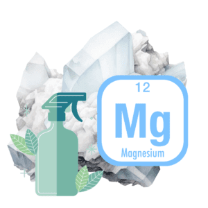 A spray bottle and some rocks with the chemical symbol mg on it.