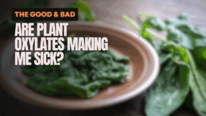 YouTube thumbnail asking "Are plant oxylates making me sick?"  Overhead shot of spinach in a brown dish.