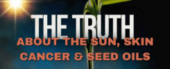 YouTube thumbnail: "The Truth About The Sun, Skin Cancer & Seed Oils". A beam of sunlight shines above pouring oil on a bl...