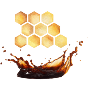Watercolor of honeycombs above a splash of brown liquid with droplets on a white background.