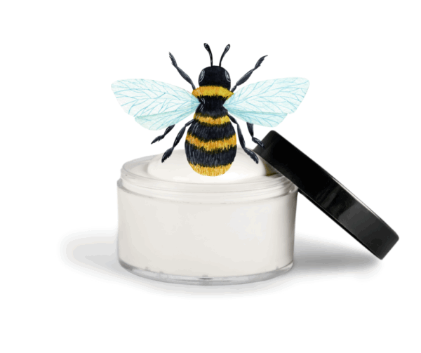 A cartoon bee sits on an open jar of white cream with a black lid, all on a white background.