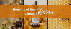 YouTube thumbnail for bee venom skincare, featuring honeycombs, bees, and skincare product with text "Benefits of Bee Veno...