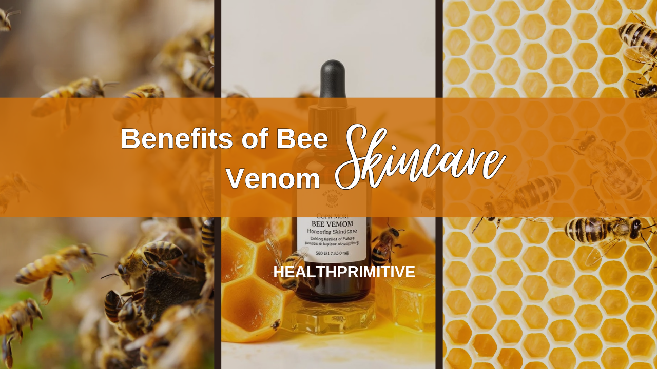 YouTube thumbnail for bee venom skincare, featuring honeycombs, bees, and skincare product with text "Benefits of Bee Veno...